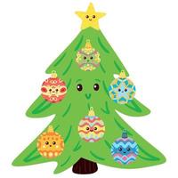 ilustración de un lindo personaje de árbol de navidad con bolas divertidas. arte conceptual de navidad de la decoración del árbol de navidad vector