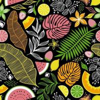 BLACK SEAMLESS VECTOR PATTERN WITH BRIGHT MULTICOLORED TROPICAL LEAVES AND FRUITS