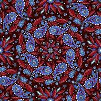 BURGUNDY VECTOR SEAMLESS BACKGROUND WITH A COMPLEX COLORFUL ROUND STYLIZED FLORAL ORNAMENT