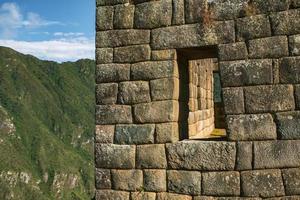 maravilla del mundo machu picchu en peru. hermoso paisaje en las montañas de los andes con ruinas de la ciudad sagrada inca. foto