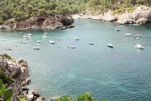 Beautiful beach with very clean and azure water on the mediterranean sea in the island of Ibiza, Spain photo