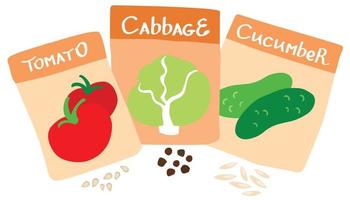 Packages with dry seeds of tomatoes, cabbage, cucumbers for planting in spring. Hand drawn vector illustration. Suitable for website, stickers, greeting cards