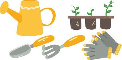 conjunto de equipos de jardinería. regadera, plántulas, herramientas, guantes ilustración vectorial dibujada a mano. adecuado para sitios web, pegatinas, tarjetas de felicitación vector