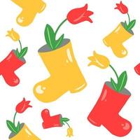 Tulip in a boot seamless pattern. Boots and tulips in yellow and red. Hand drawn vector illustration. Suitable for web background, gift paper, fabric or textile