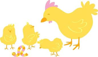 familia de pollos, pollo con tres lindos pollos y una oruga. ilustración vectorial dibujada a mano. adecuado para sitios web, pegatinas, tarjetas de felicitación, papel de regalo, tela o textil. vector