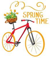 bicicleta roja con flores de tulipanes amarillos en una cesta y la inscripción primavera. ilustración vectorial dibujada a mano. adecuado para sitios web, pegatinas, tarjetas de felicitación, papel de regalo.