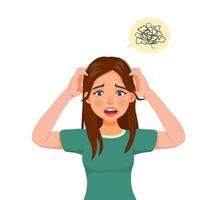 mujer joven frustrada apretando su cabeza con las manos que sufren de estrés, dolor de cabeza, migraña, tensión y problemas emocionales debido al exceso de trabajo vector