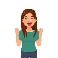 happy and excited young woman making fist pump winner gesture with arms raised, smiling and shouting for victory celebrating successful of achieving goals vector