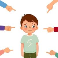 little boy feeling sad, guilty and ashamed get bullied with finger surrounding pointing at him blaming and accusing him in public vector