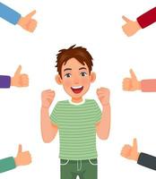 Happy success young man surrounded by many thumbs up gesturing hands getting public approval, positive feedbacks, appreciation, opinion, respect, recognition, honor and like gestures vector