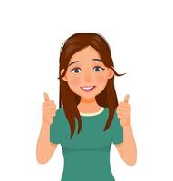 Happy beautiful young woman giving thumbs up and positive feedback approval standing looking confident smiling expression vector