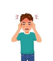 upset young man having a headache with hand squeezing his head because of stress, migraine, and having worries or anxiety problems vector