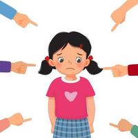 little girl feeling sad, guilty and ashamed get bullied with finger surrounding pointing at her blaming and accusing her in public vector