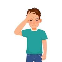 Depressed young man holding his forehead feeling anxious, worried and disappointed about problems at work vector