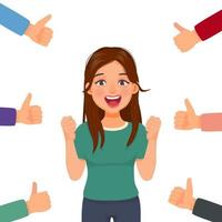 happy and excited young woman making fist pump winner gesture with arms raised, smiling and shouting for victory celebrating successful of achieving goals vector