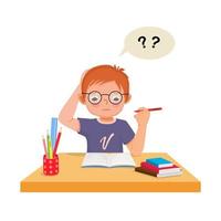 cute little boy with question mark scratching head, confused and having problems when doing his difficult math homework at the desk vector