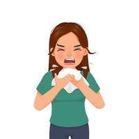 mujer joven con secreción nasal sosteniendo un pañuelo o tejido estornudando y soplando debido a fiebre, resfriado, gripe, alergia, infección por virus vector