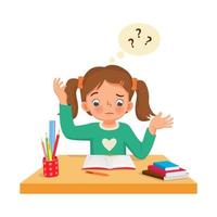 confused little girl with question mark having problems when doing her difficult math homework at the desk vector