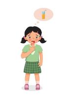 Little girl sweating and feel so thirsty thinking of drinking orange juice vector