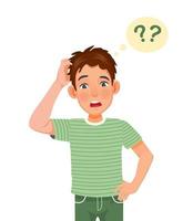 Confused young man scratching his head having no idea, clueless, puzzled and doubt about the questions with hand on waist vector