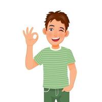 Happy handsome young man giving well done ok sign with winking eye and positive feedback approval standing with hand in pocket looking confident smiling expression vector
