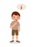 Little boy sweating and feel so thirsty thinking of drinking orange juice vector