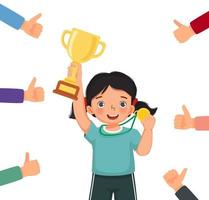 Happy success little girl holding medal and gold cup surrounded by many thumbs up getting public approval, positive feedbacks, appreciation, respect, recognition, honor and like gestures vector