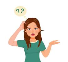 Confused young woman scratching her head having no idea, clueless, puzzled and doubt about the questions raising her hand vector