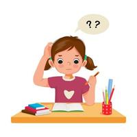 cute little girl with question mark scratching head, confused and having problems when doing his difficult math homework at the desk vector