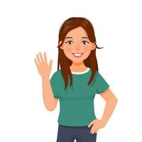 happy young woman with hand on her waist, smiling, waving hand cheerfully saying hi, hello nice to meet you, welcoming people with informal greeting gesture vector