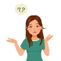 beautiful young woman feeling confused, doubt and clueless showing I have no idea gesture, shrugging shoulders and raising hands with puzzled facial expression vector