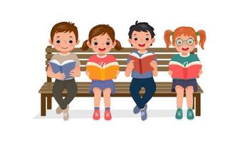 cute children reading books together sitting on bench vector