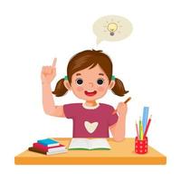 cute little girl has an idea to solve the problems in math homework raised her finger pointing up while sitting studying on the desk at home vector