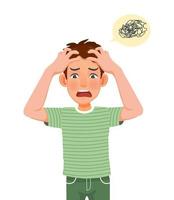 Frustrated stressed young man squeezing his head with hands suffer from headache, migraine, tension, and emotional problems because of overworked vector