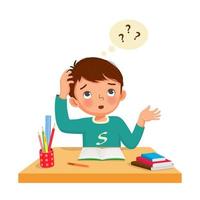 little boy with question mark scratching head, confused and having problems when doing his difficult math homework at the desk vector