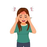 upset young woman having a headache with hand squeezing her head because of stress, migraine, and having worries or anxiety problems vector