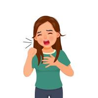 Sick young woman coughing because of cold, fever, bronchitis, asthma, allergy and respiratory diseases symptoms vector