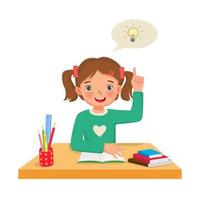 Little girl got an idea to solve the problems in math homework raised her finger pointing up while sitting studying on the desk at home vector