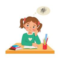 cute little girl thinking while studying and doing her homework at the desk vector