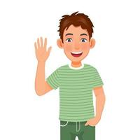 Handsome happy young man with hand in the pocket, smiling, waving hand cheerfully saying hi, hello nice to meet you, welcoming people with informal greeting gesture