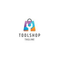 vector de plantilla de diseño de icono de logotipo de tienda de herramientas de gradiente de culorful de bolsa de compras y llave inglesa