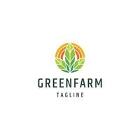vector plano de plantilla de diseño de icono de logotipo de granja verde de hoja y amanecer