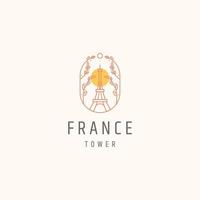 Eiffel tower paris france landmark with bloom flower line style logo icon design template vector