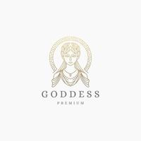 Luxurious greek goddess woman with line style logo icon design template. Demeter, Persephone, hera aphrodite, hestia, flat modern vector illustration