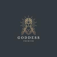 Luxurious greek goddess woman with line style logo icon design template. Demeter, Persephone, hera aphrodite, hestia, flat modern vector illustration