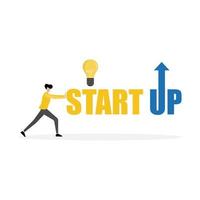 Start-up business concept. Businessman pushing text of starts up with light bulb on the white background. vector