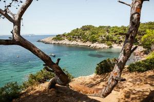 hermosa playa con agua muy limpia y azul en el mar mediterráneo en la isla de ibiza, españa. foto