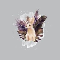 Rabbit with leaves retro and vintage style watercolor vector illustration on gray background.
