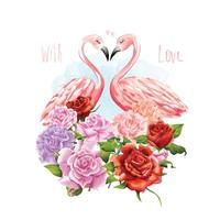 Couple of flamingos with flowers bouquet watercolor retro style vector illustration graphic art