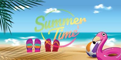 Summer seaside background  illustration with flip flops  and inflatable vector